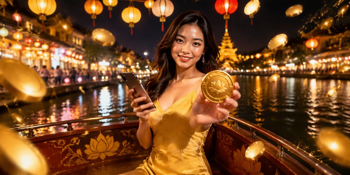 Cảnh chợ đêm Huế lung linh với người dùng điện thoại truy cập casino và nhận ưu đãi đêm khuya