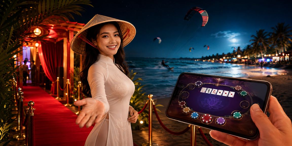 Không gian casino hiện đại tại Việt Nam với ánh đèn rực rỡ và bàn cược sầm uất