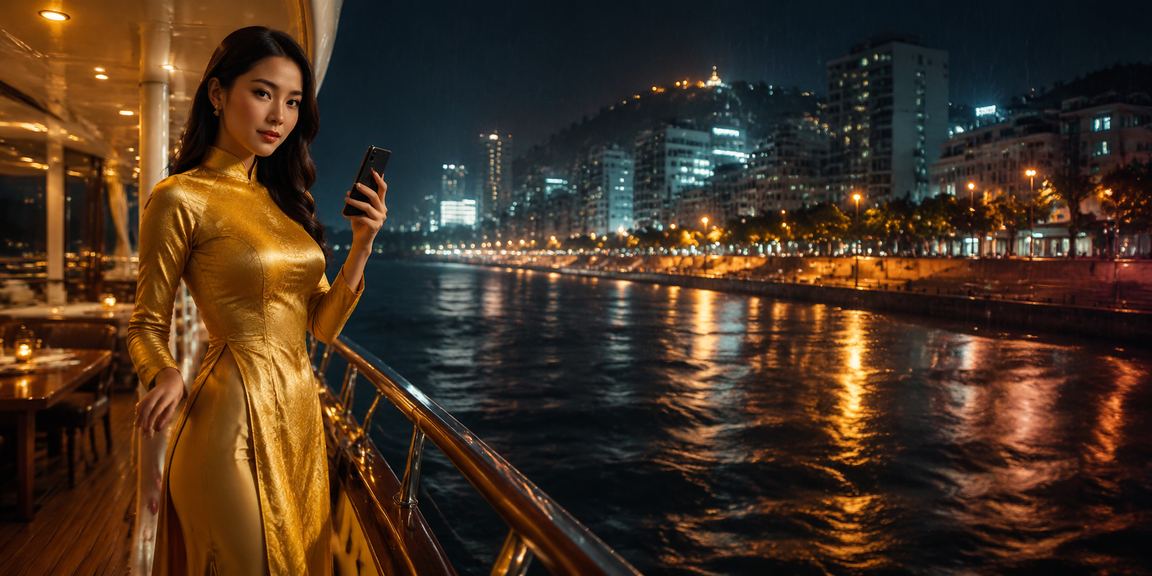 Người phụ nữ mặc áo dài tại Vũng Tàu theo dõi kết quả cược thể thao và sử dụng voucher ưu đãi